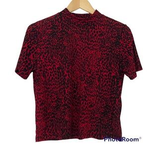 ZARA TRAFALUC RED/BLACK LEOPARD PRINT MOCK NECK SHORT SLEEVED TOP, MEDIUM